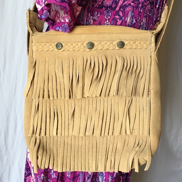 Minnetonka Camel Suede Fringe Mid-Size Crossbody Bag with Bronze Medallions - Picture 3 of 15